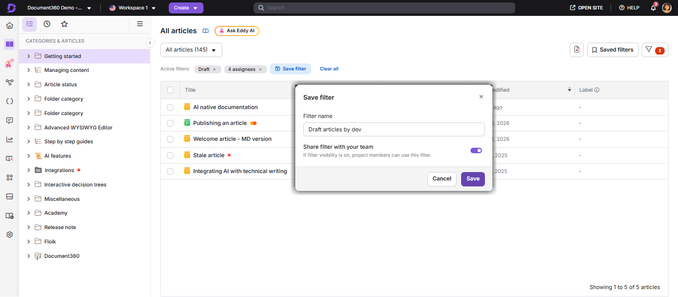 Save filter panel showing filter name field and share toggle