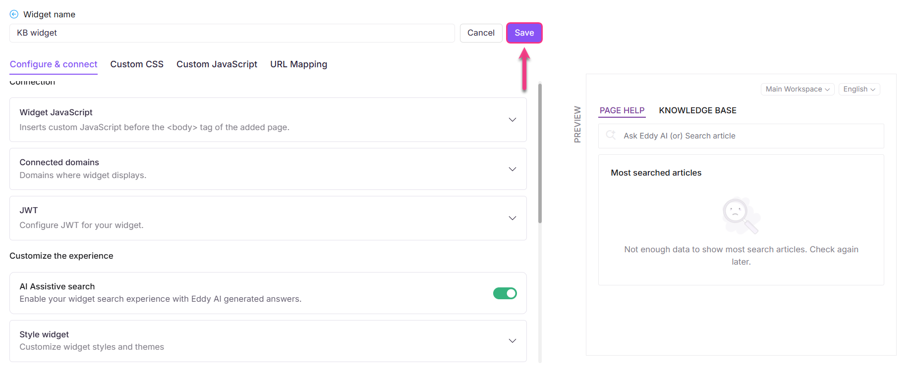 Configuration settings for a widget, including JavaScript and connected domains options.