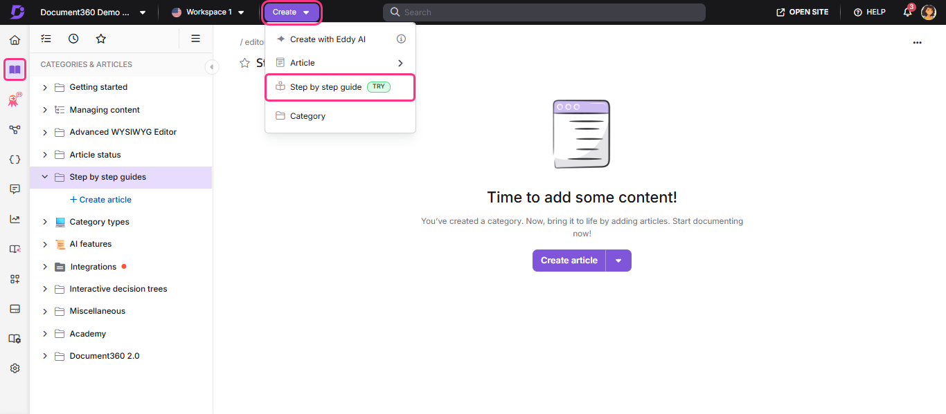 User interface for creating articles with highlighted step-by-step guide option.