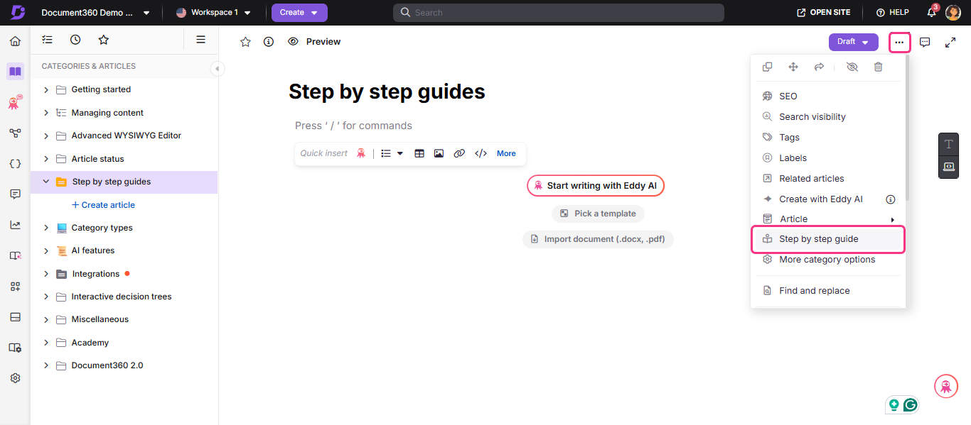 Document360 interface showing step-by-step guide creation options and features.