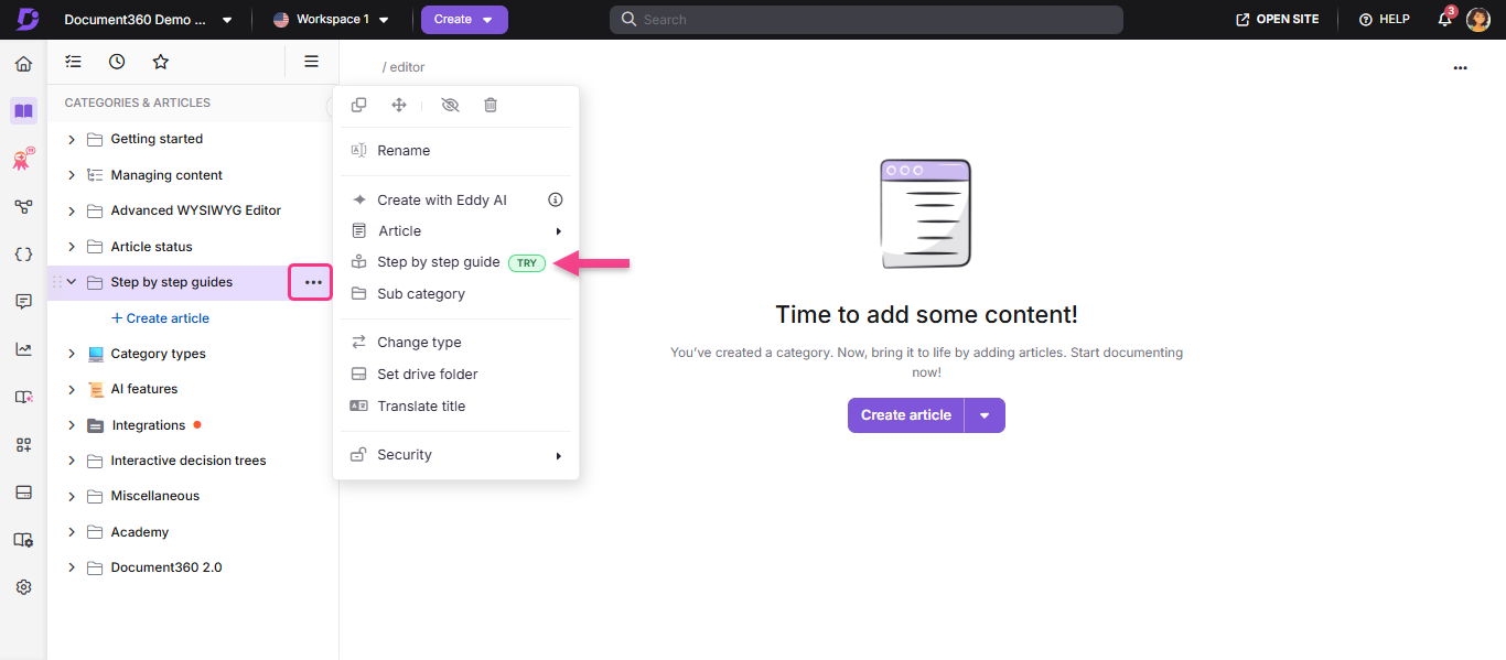 Menu options for creating a step-by-step guide in Document360 interface.