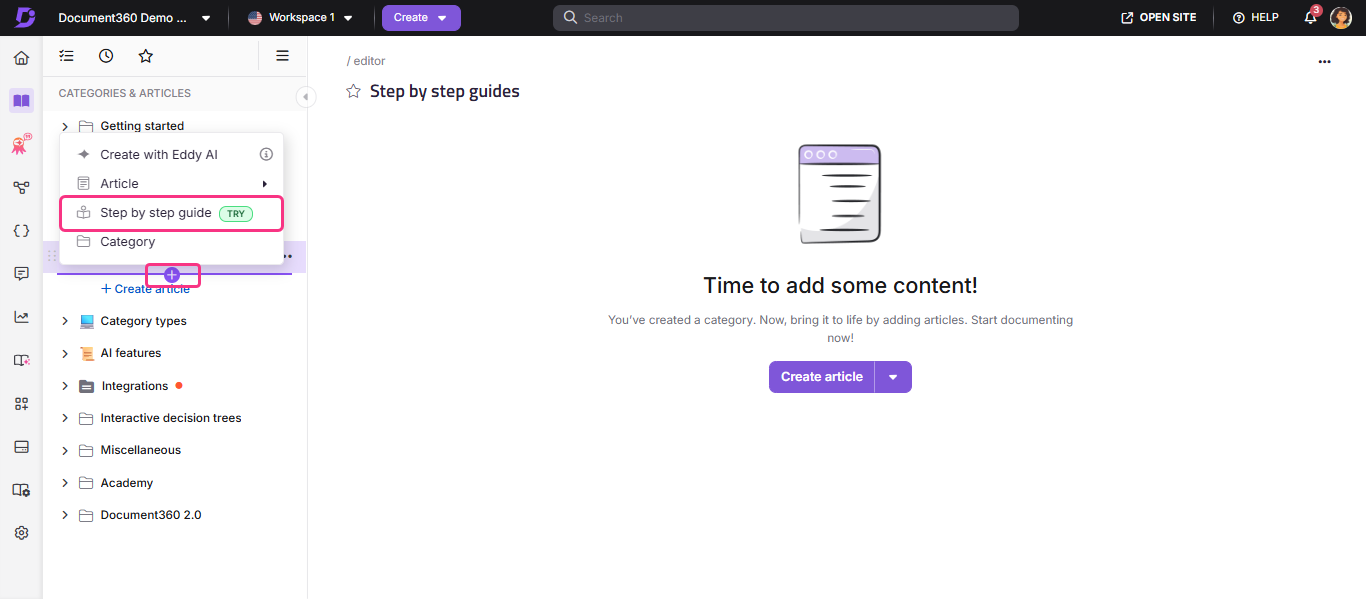 User interface showing options to create articles and step-by-step guides.