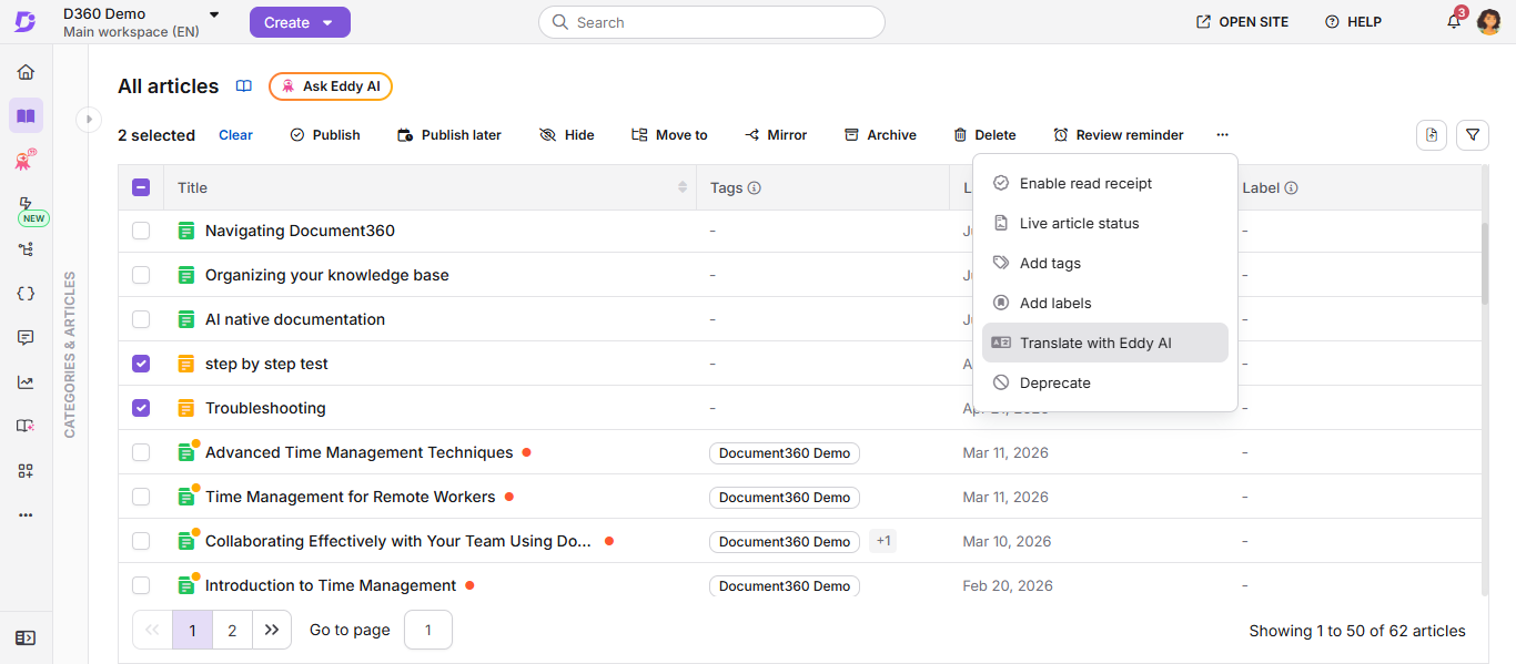 Document360 interface showing article management features and translation option with Eddy AI.