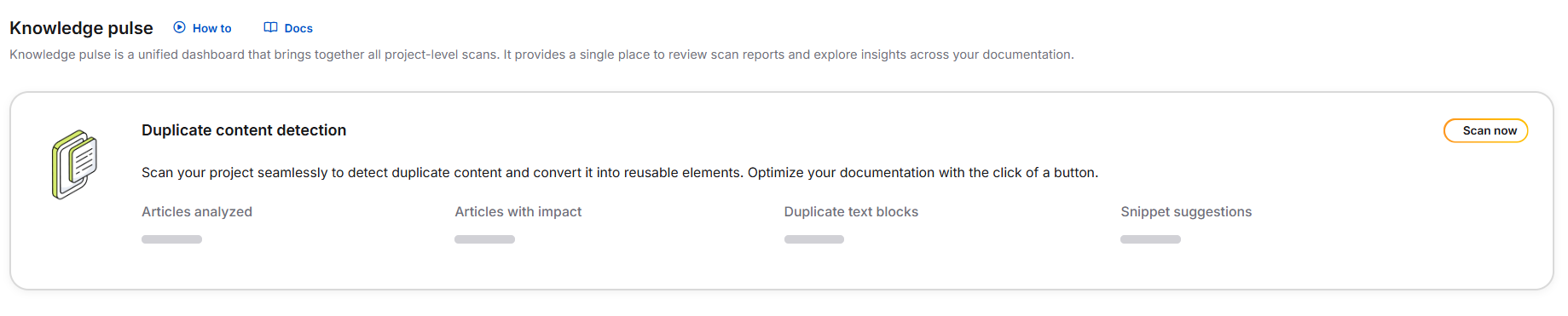 Knowledge pulse dashboard with the Duplicate content detection section and Scan now button.