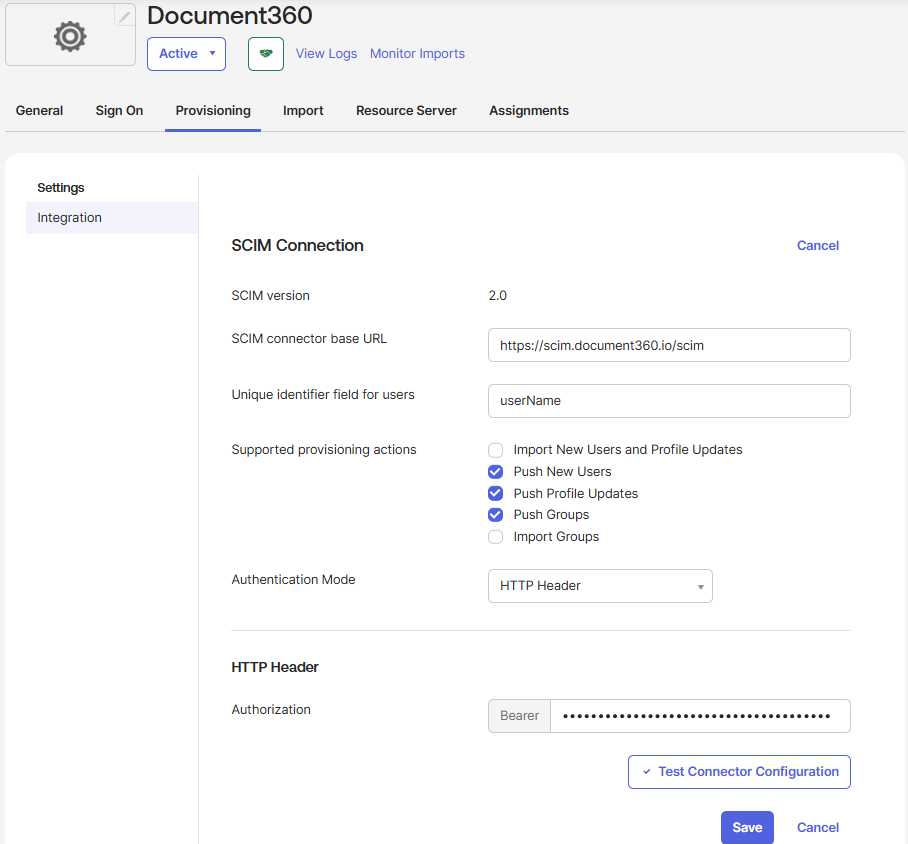 The SCIM Connection form in Okta with the connector base URL, userName as the unique identifier, the three provisioning actions, and the HTTP Header authorization filled in