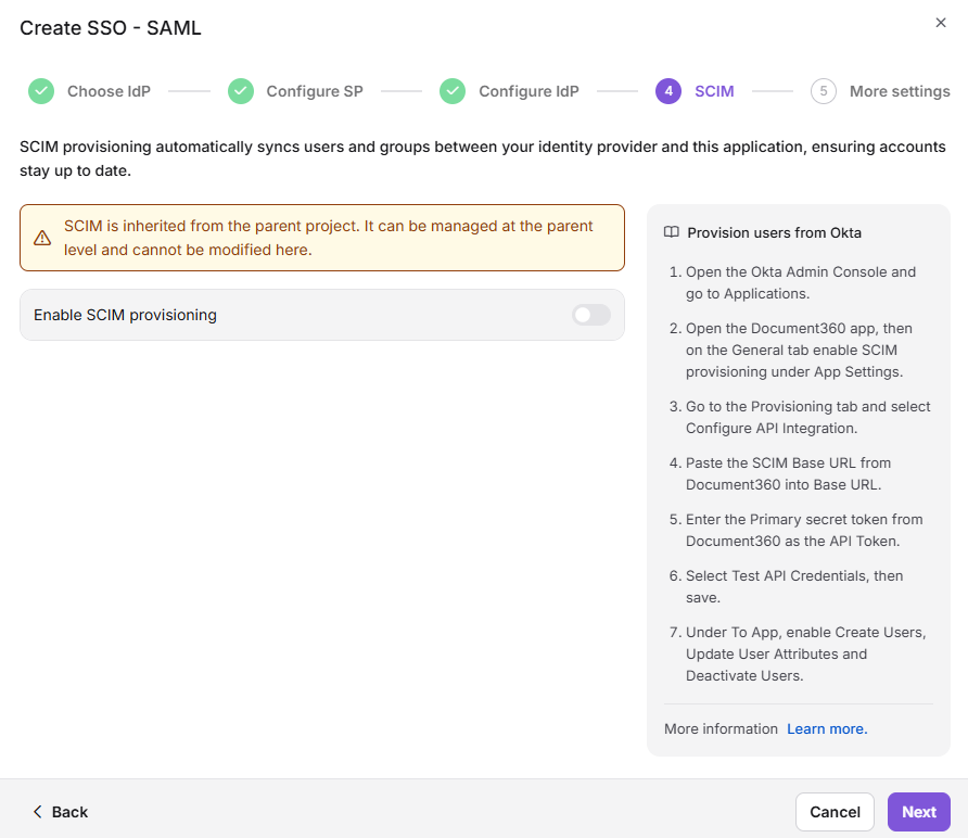 SCIM provisioning settings with a warning about inherited configurations from the parent project.