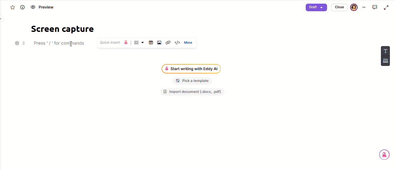 Running the Screen capture slash command in the editor and choosing a browser tab or window to share