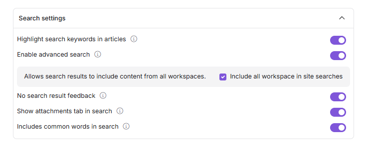 Search settings accordion in Article settings showing search behavior toggles