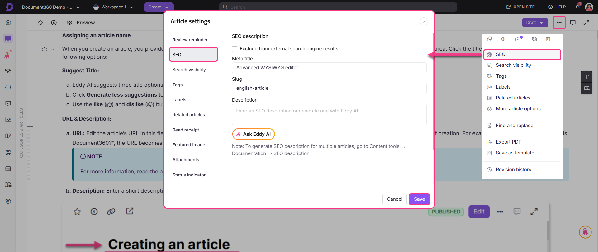 Settings for article creation, including SEO options and article details.