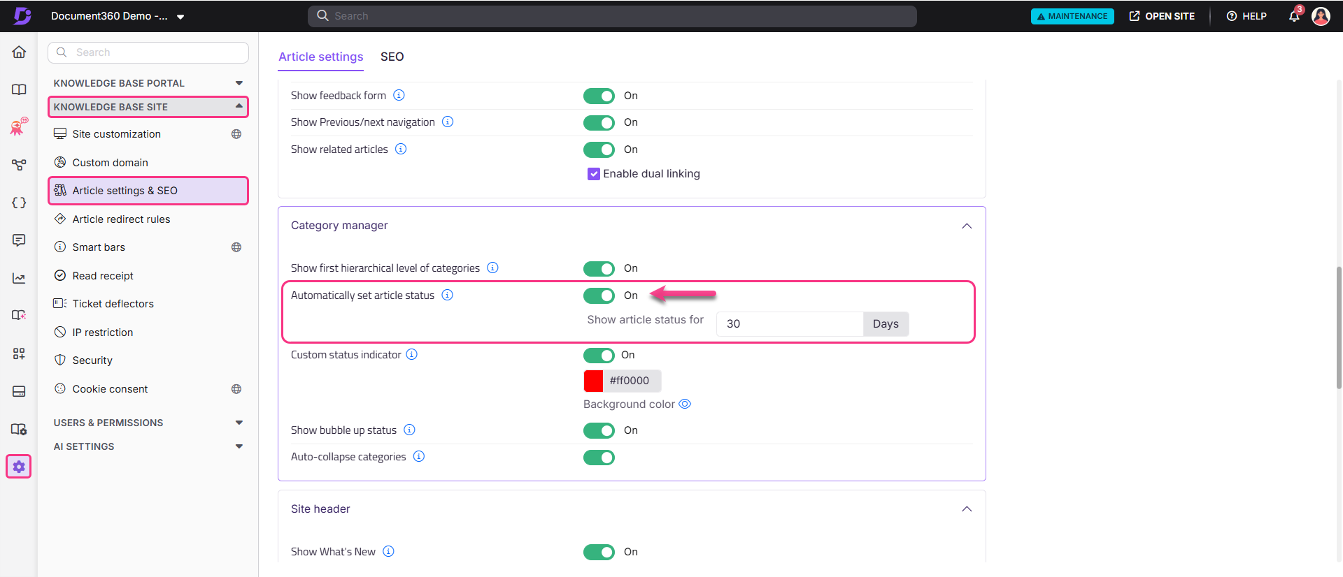 Settings for article status and category management in a knowledge base interface.