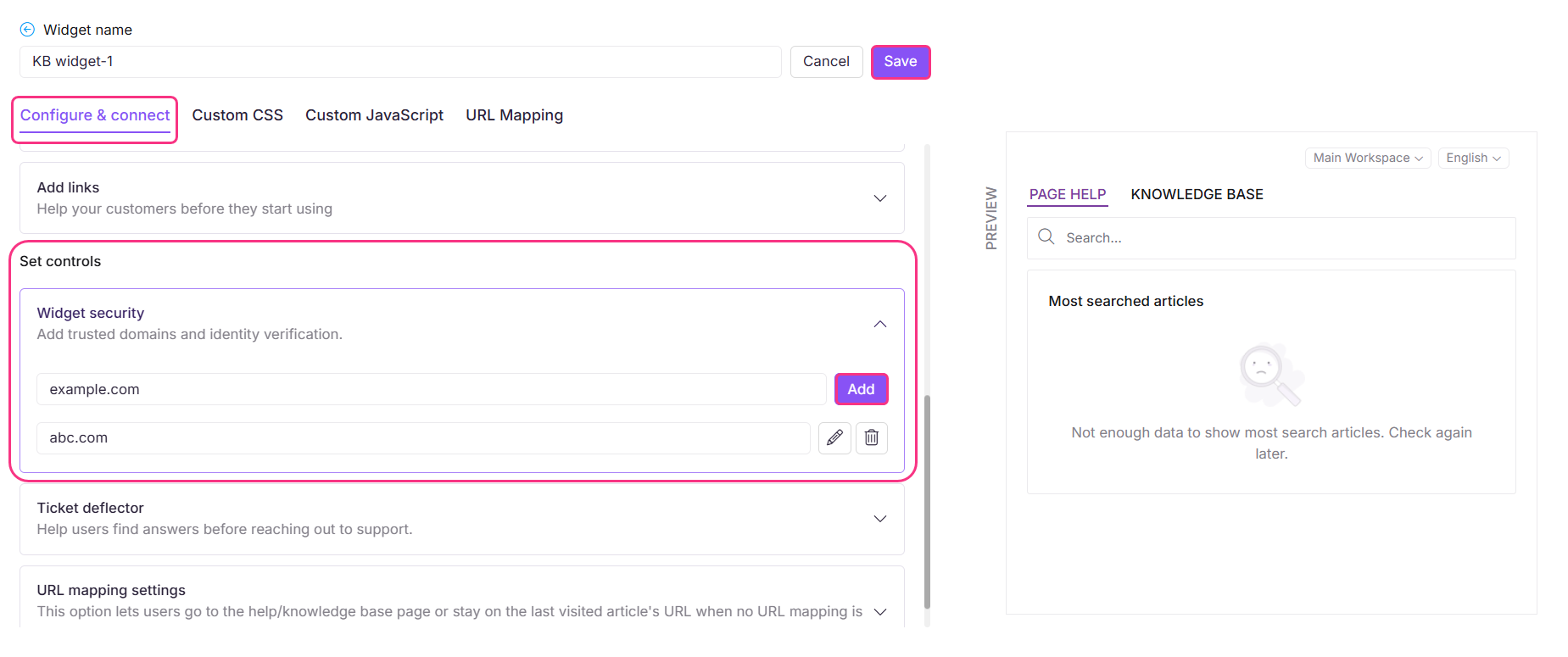 Configuration settings for a widget, including security and URL mapping options.