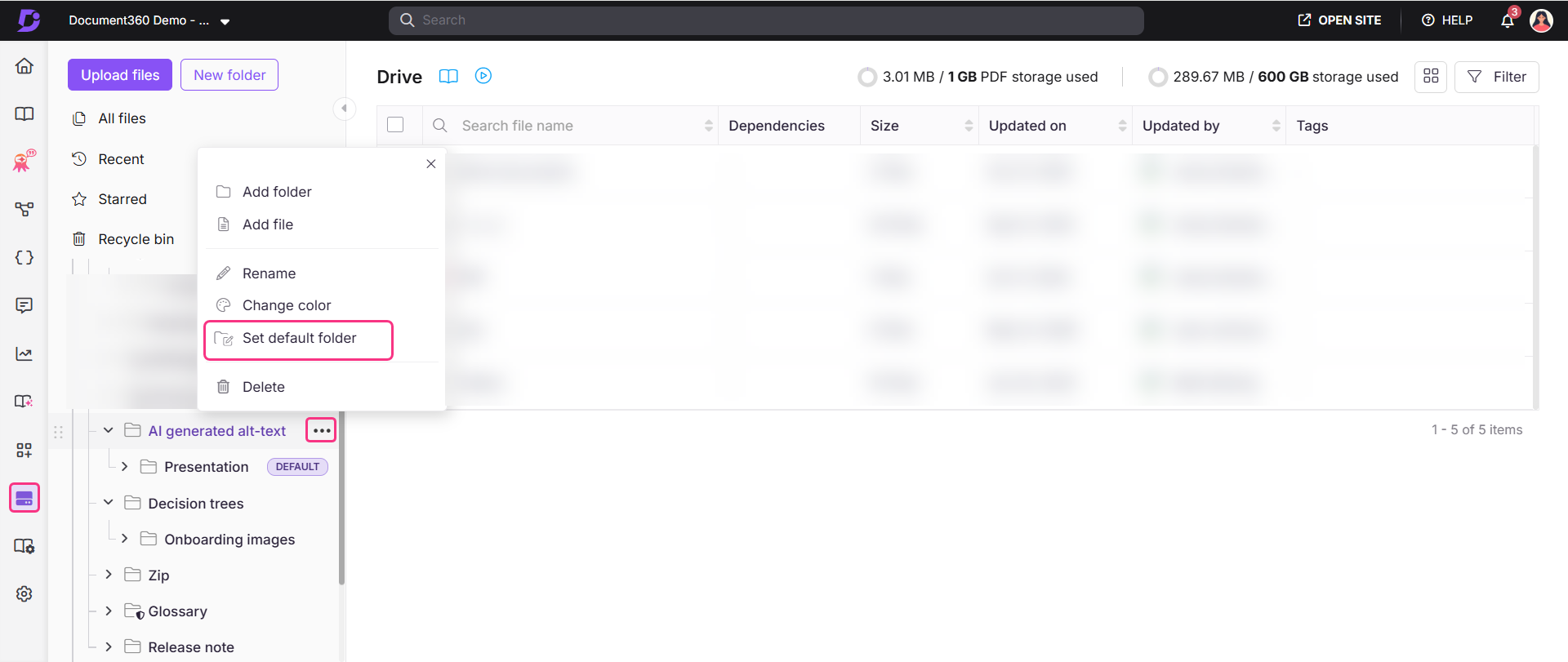 Menu options in Document360 showing folder management and file organization features.