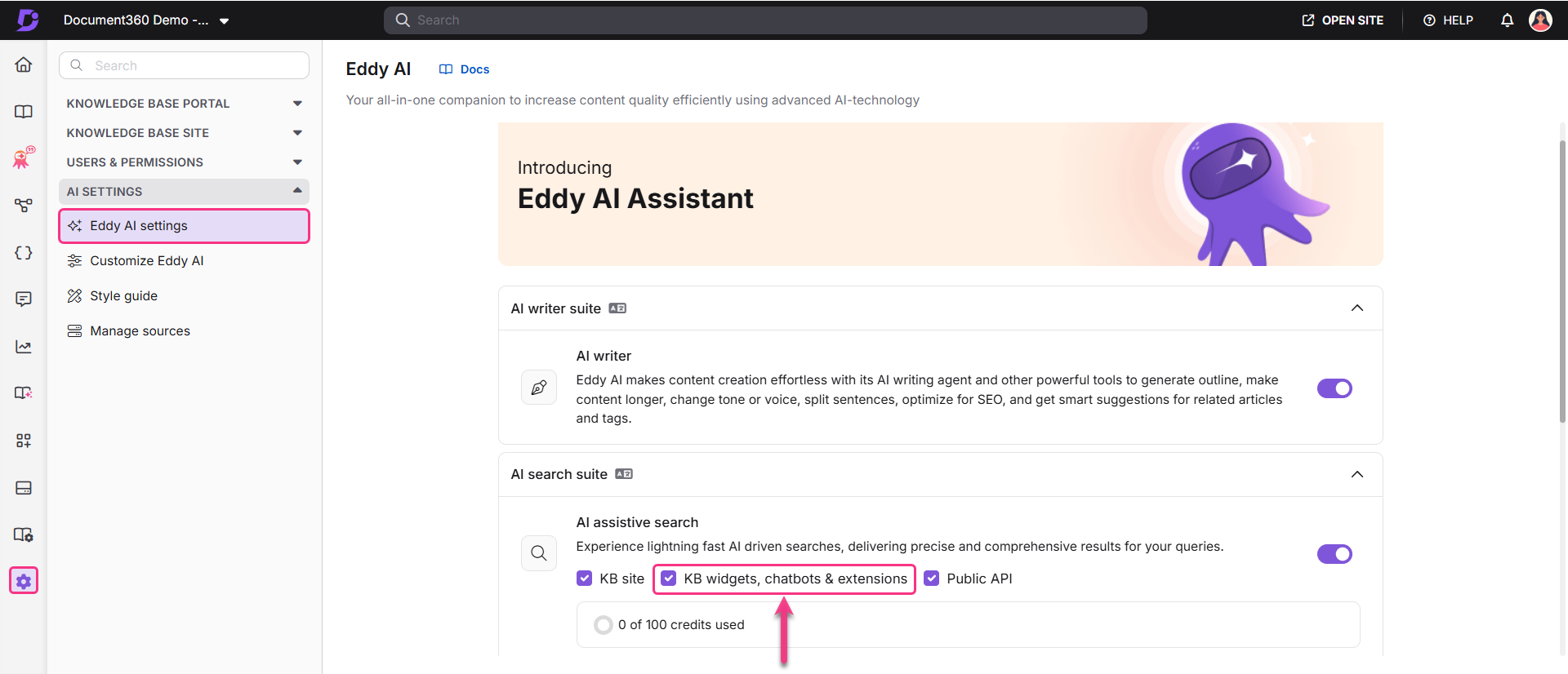 Eddy AI settings page showcasing features like widgets, chatbots, and extensions for users.
