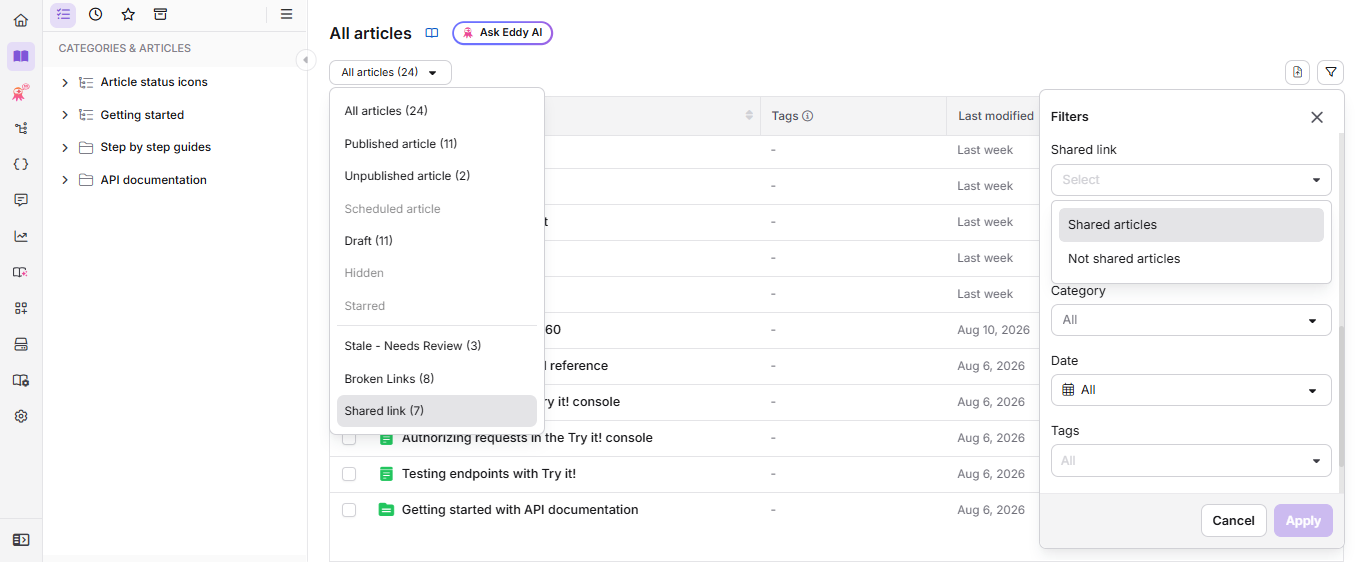 Share link panel showing options to generate, copy, and delete a private link for an article