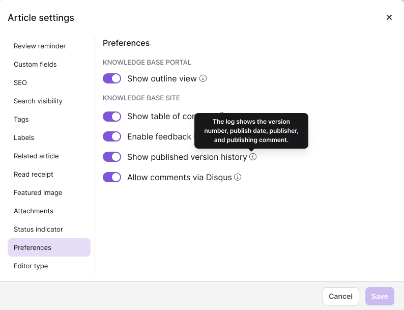 Preferences tab in the Article settings panel showing portal and site preference options