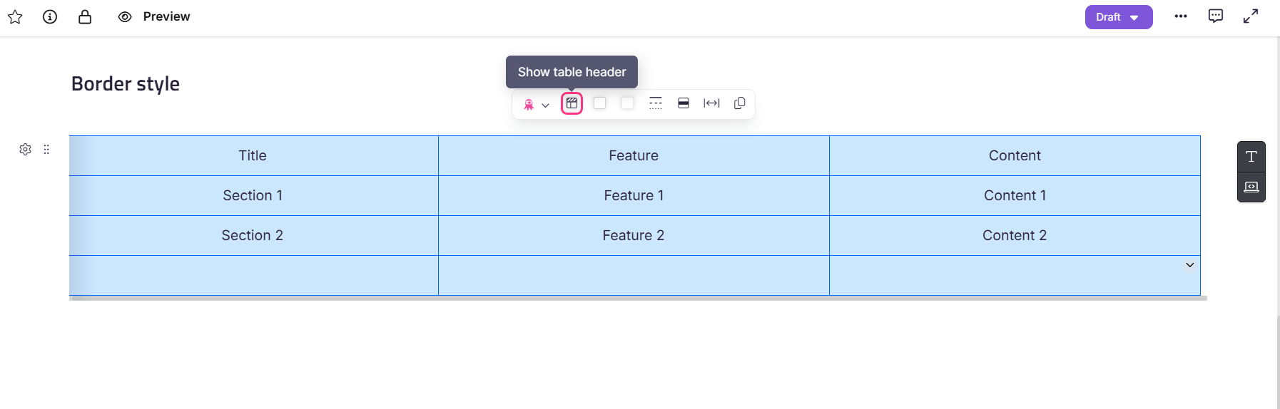 A table displaying sections, features, and content with options to show headers.