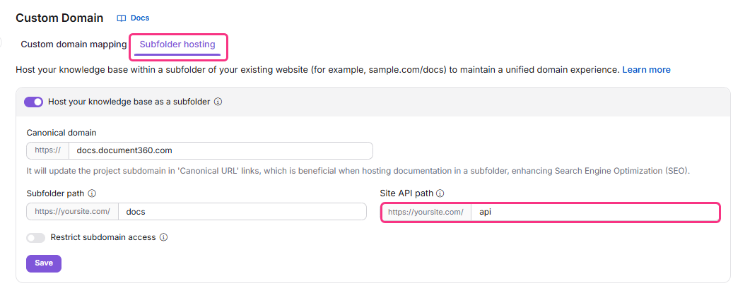 Custom domain mapping settings for subfolder hosting and API path configuration.