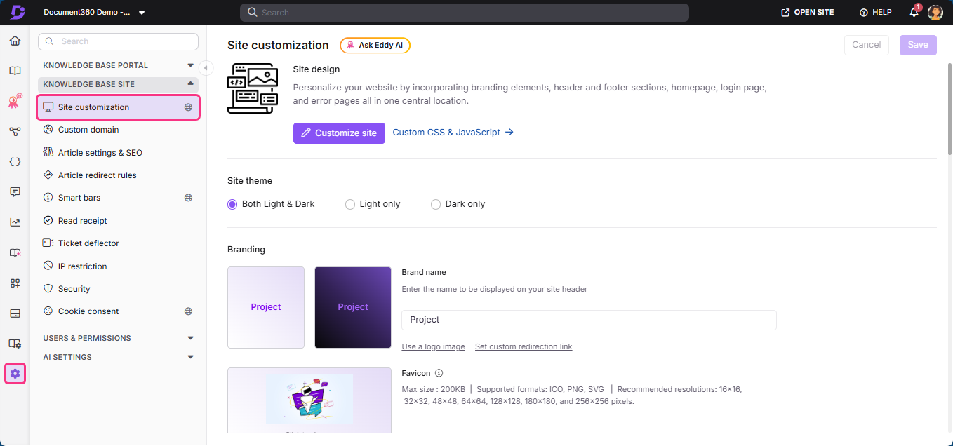 Document360 site customization options including branding, themes, and logo settings.