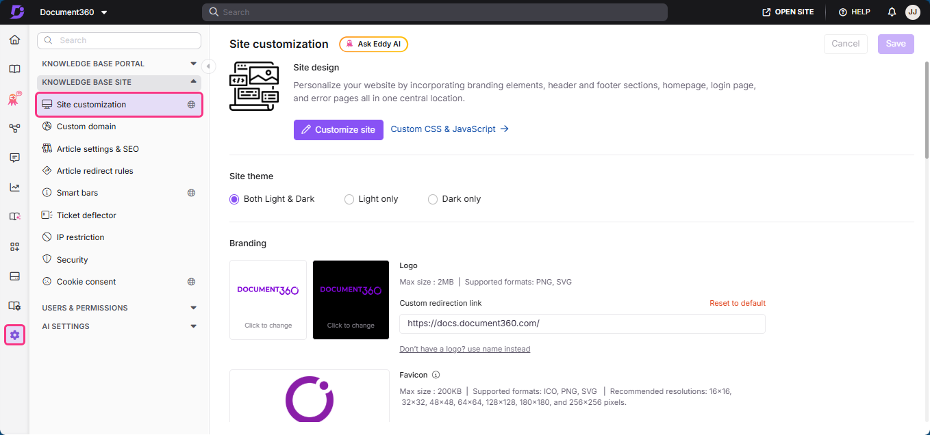 Document360 site customization options including branding, themes, and logo settings.