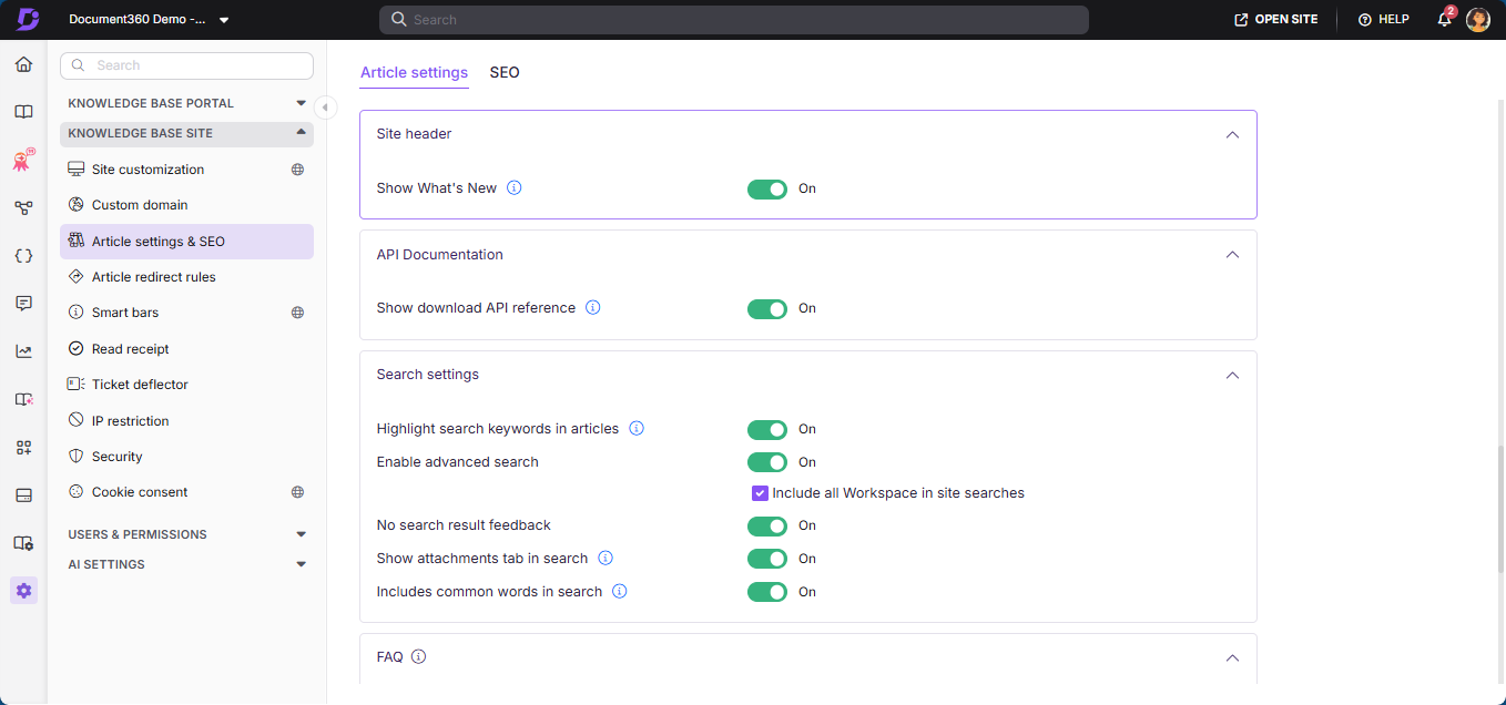 Article settings page showing the Site header accordion with the Show What's New toggle