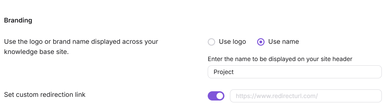Document360 branding settings with logo and custom redirection link options displayed.