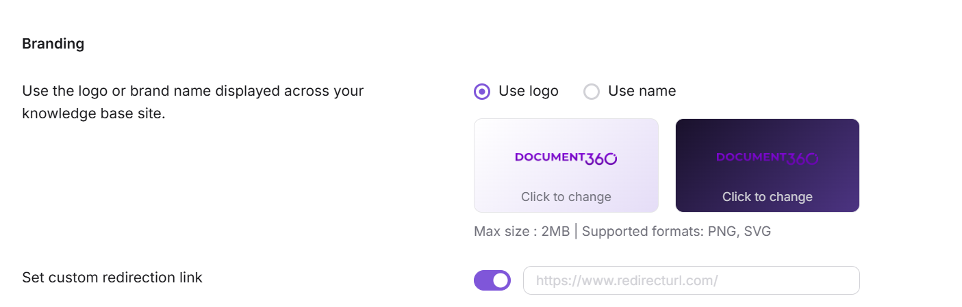 Branding section in Site customization showing light and dark logo upload areas