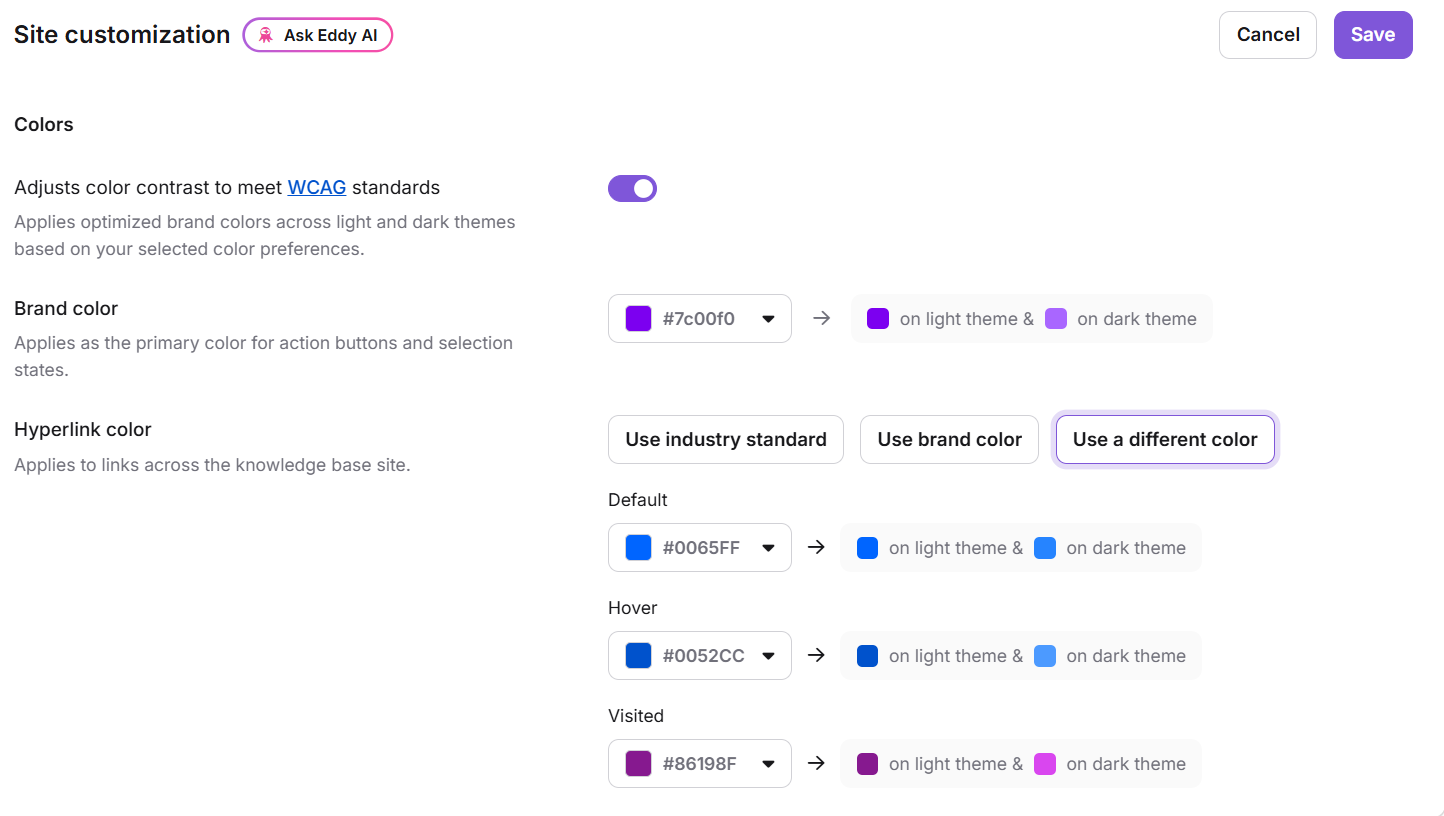 Color settings section in Site customization showing Brand color and Hyperlink color options