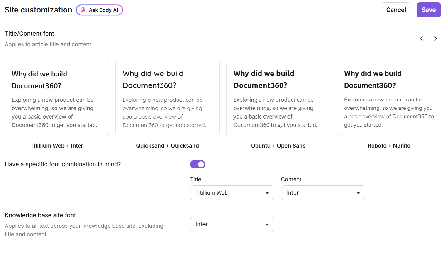 Fonts section in Site customization showing Article font pairing and Site font options