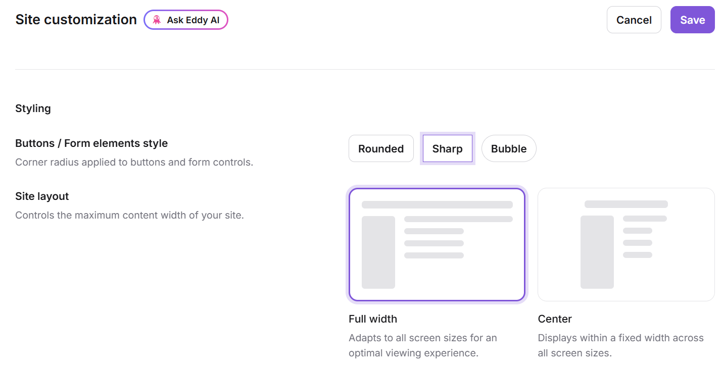 Options for button styles: Rounded, Sharp, and Bubble for user interface design.