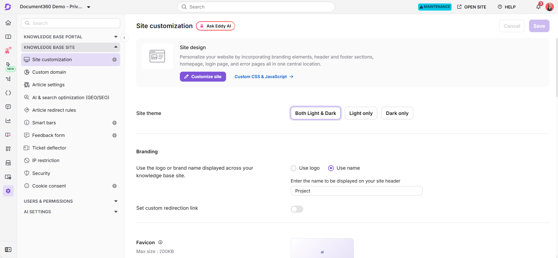 Site customization page showing the Customize site button