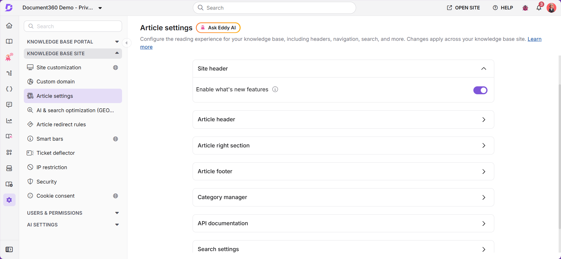 Article settings page showing the Site header accordion with the Show What's New toggle