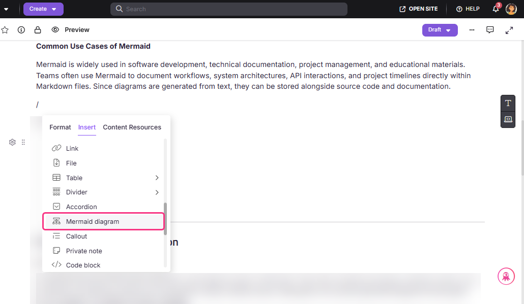 Menu showing options to insert a Mermaid diagram in a document editor.