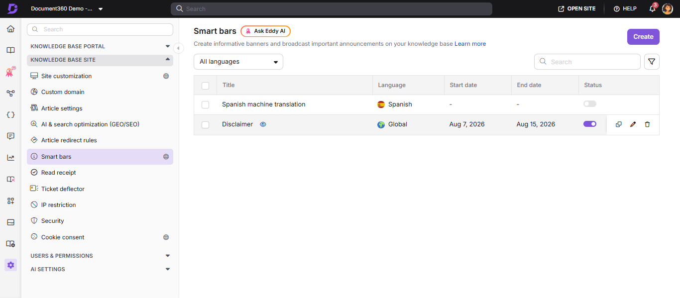 Document360 Smart bars overview page showing language selector, status toggles, and list of configured smart bars