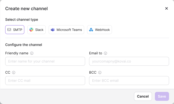 Configuration settings for notification channels including email and messaging options.