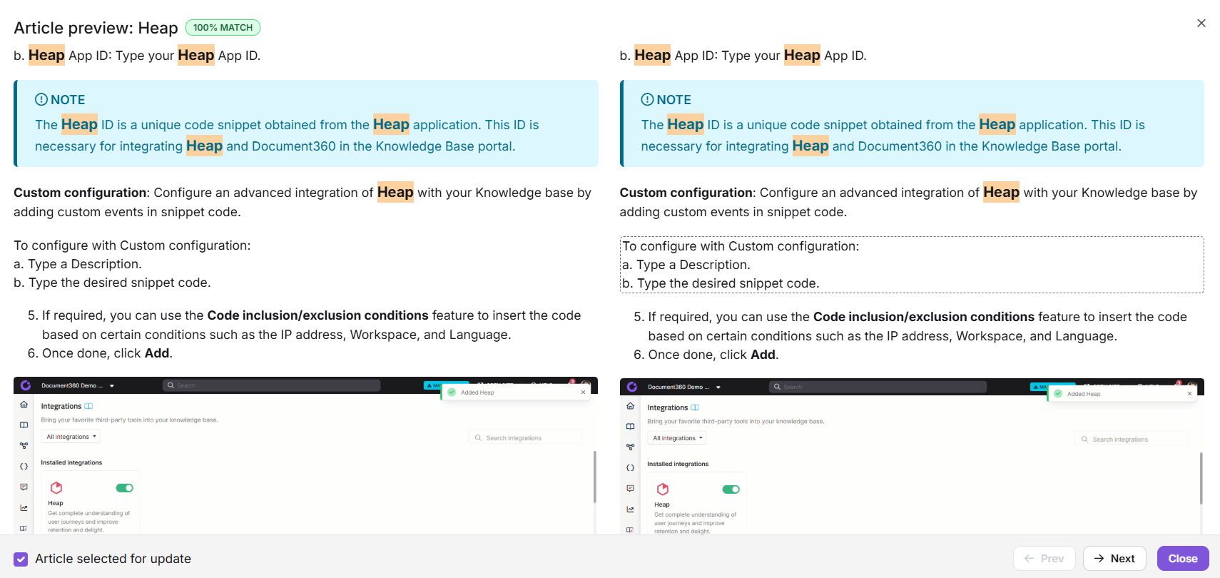 Split-view preview comparing original article content on the left with the snippet-applied version on the right, showing red, green, and blue diff highlights.
