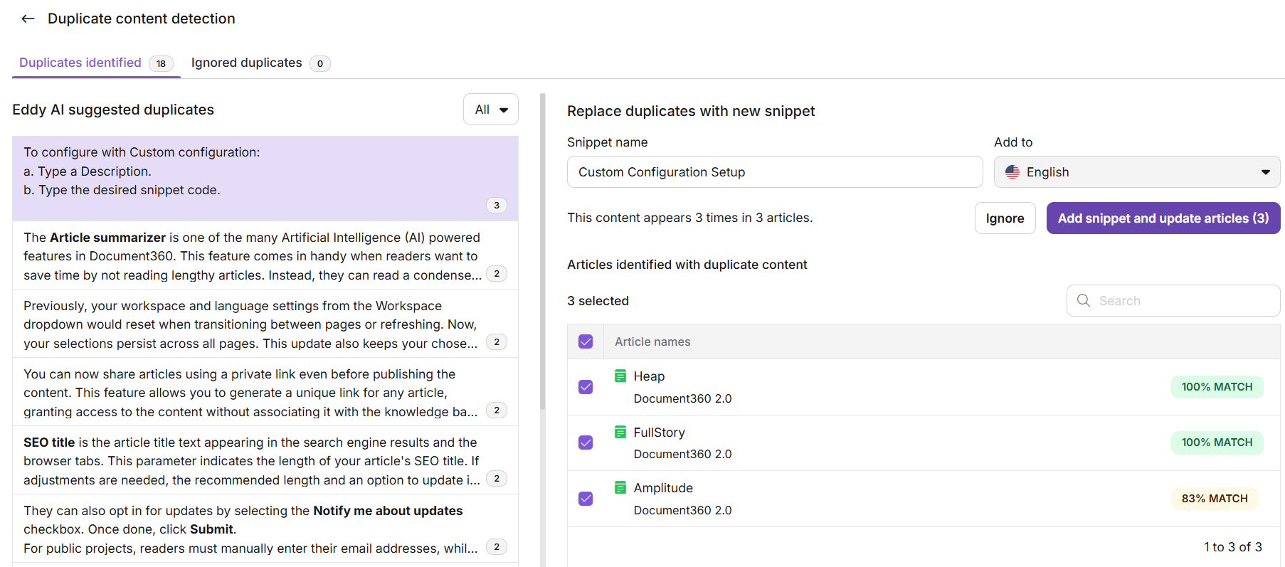 Duplicate content detection report with a selected entry showing snippet name, language dropdown, match score, and Add snippet and update articles button.