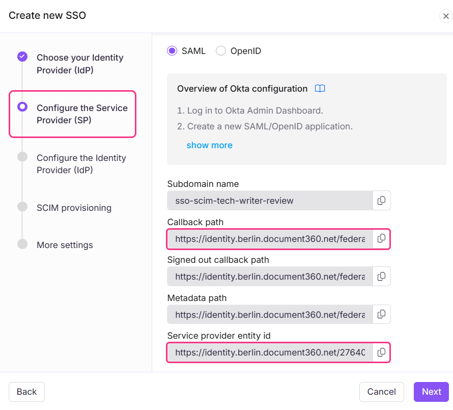 Configuration settings for Okta SSO, highlighting callback paths and service provider entity ID.