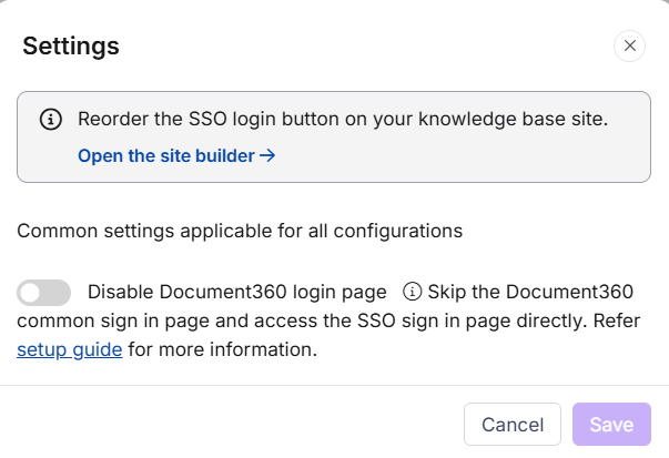 Settings menu showing option to disable Document360 login page in SSO configuration.
