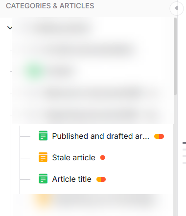 Category tree showing articles with published, stale, and editing status indicators
