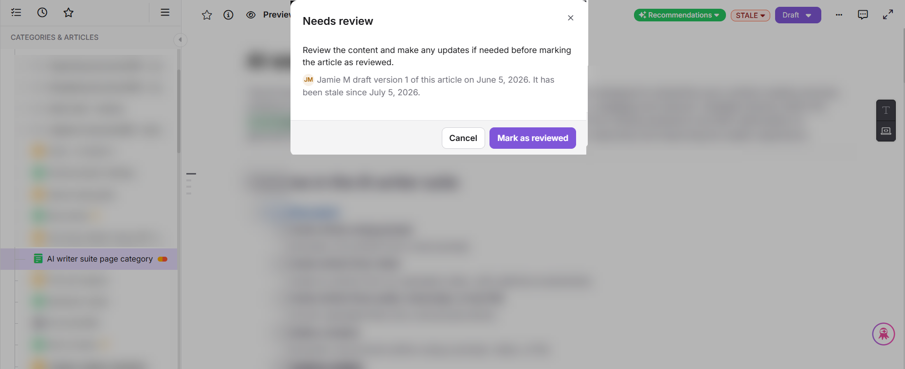 Stale badge review panel showing article details and Mark as reviewed option