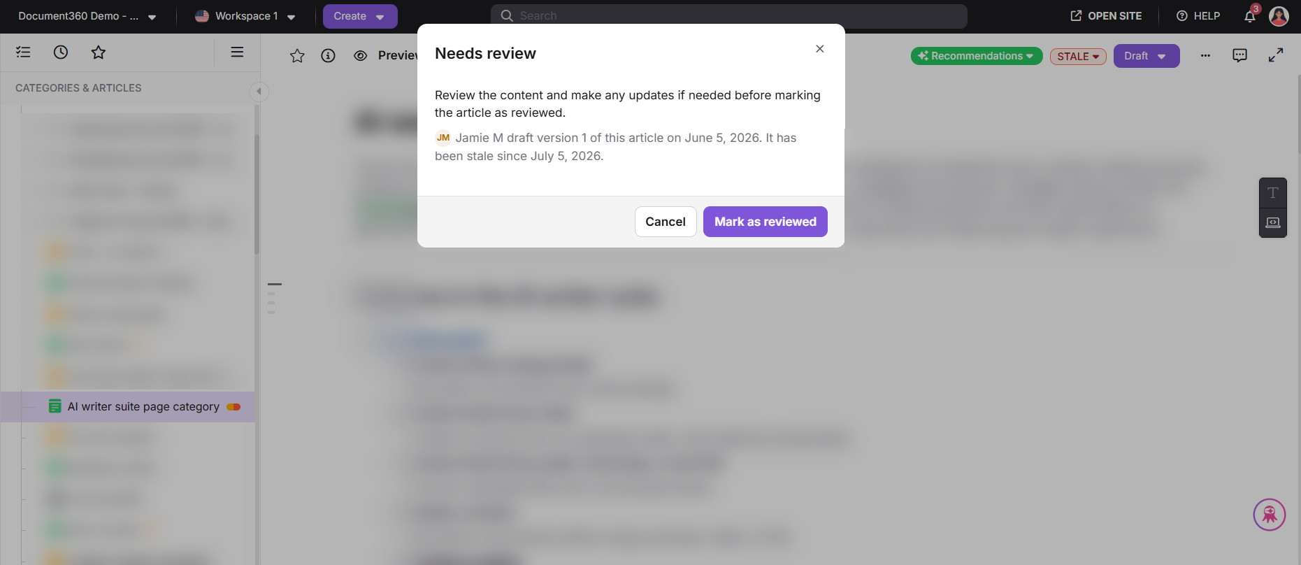 Stale badge review panel showing article details and Mark as reviewed option