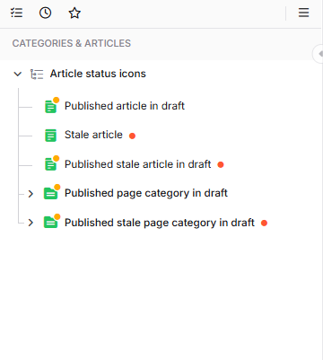 Category tree showing articles with published, stale, and editing status indicators