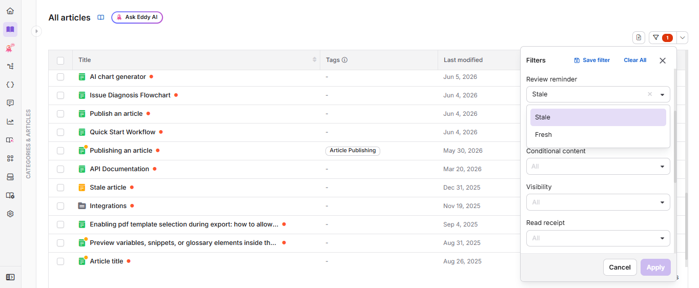 All articles page showing bulk selection with Review reminder and Mark as Reviewed options