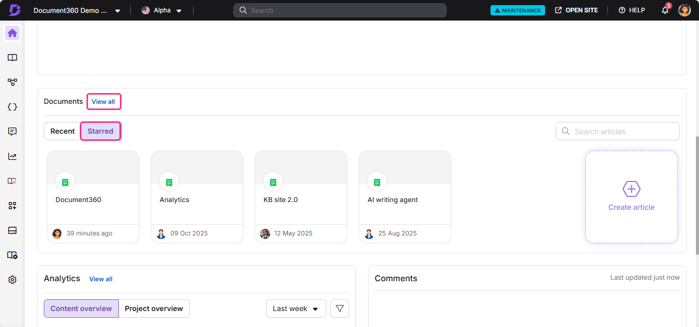 Document management interface showing recent and starred documents with options to create articles.