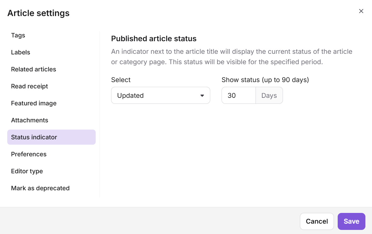 Status indicator tab in the Article settings panel showing status dropdown and duration field