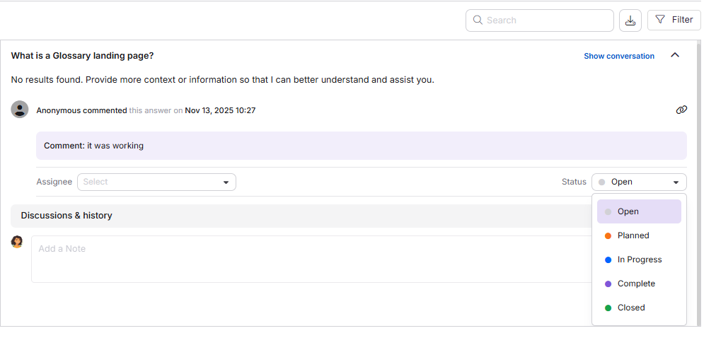 Manage feedback pop-up showing assignee and status options for bulk updates.