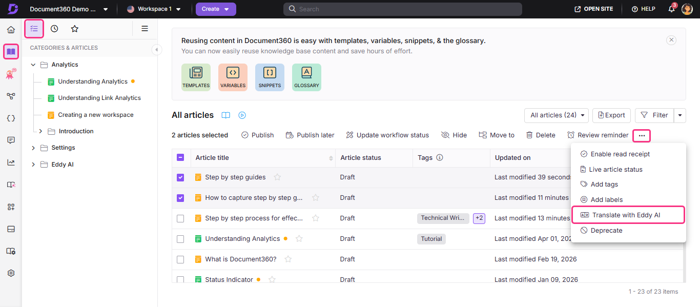 Document360 interface showing article management features and translation option with Eddy AI.