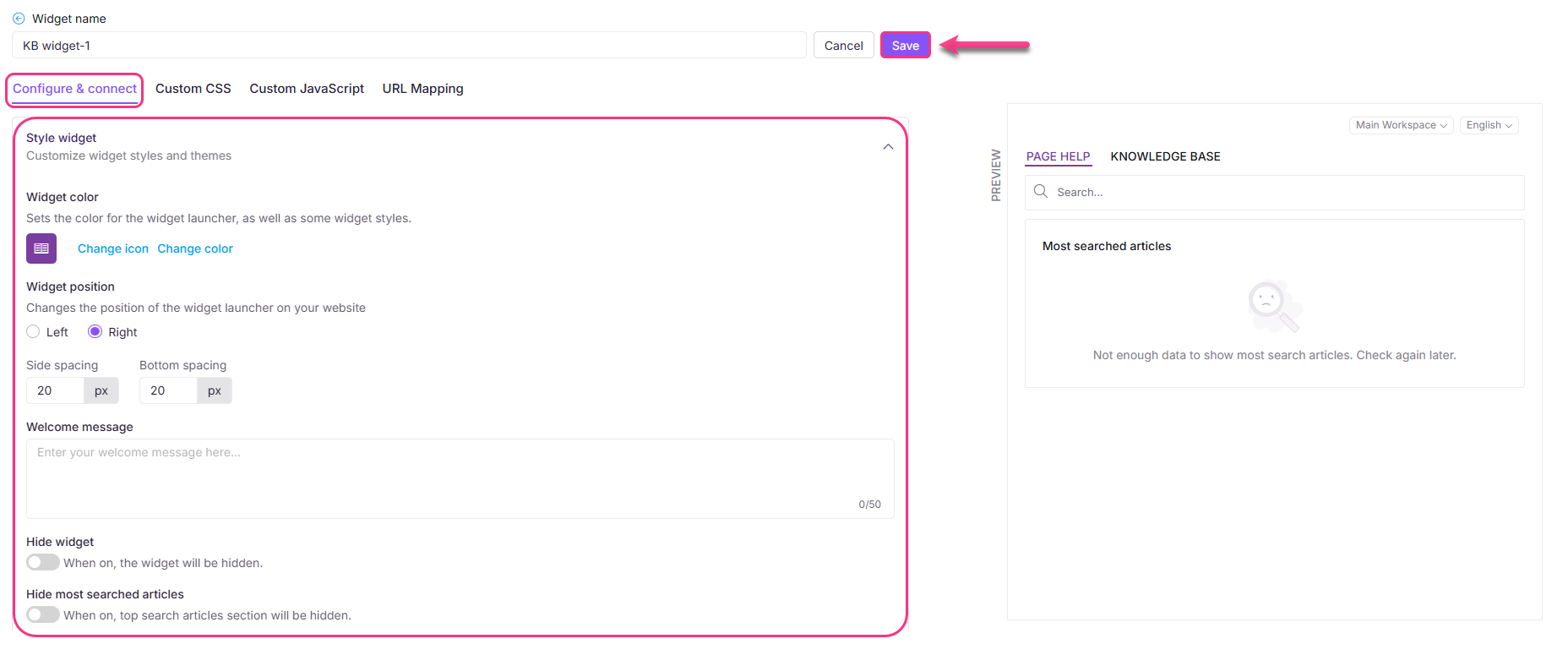 Settings panel for customizing widget styles, positions, and visibility options.