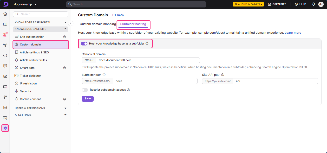 Settings for custom domain mapping and subfolder hosting in knowledge base portal.
