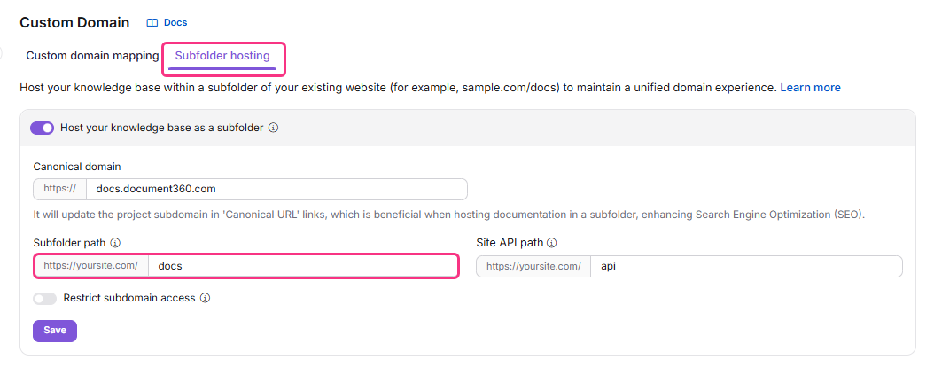 Custom domain mapping settings for subfolder hosting and API path configuration.
